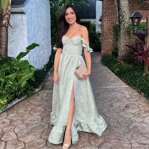 V Chapman Veronica Corset Ruffle Side-Slit Sage Brocade Dress - Size 4